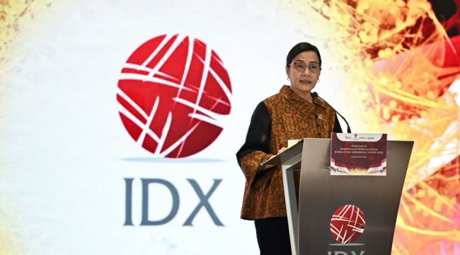 Menkeu Sri Mulyani pada acara Peresmian Pembukaan Perdagangan Bursa Efek Indonesia (BEI) Tahun 2025, Kamis (2/1) di Jakarta. (Sumber: kemenkeu.go.id)